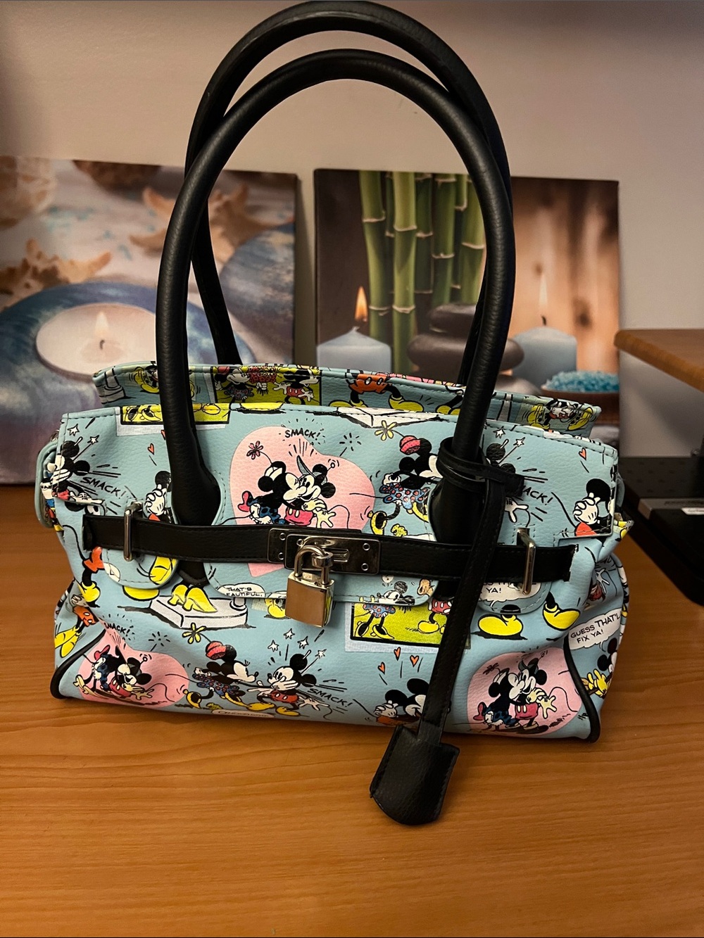 Disney Mickey & Minnie Cartoon Print Satchel Handbag in Light Blue NWOT